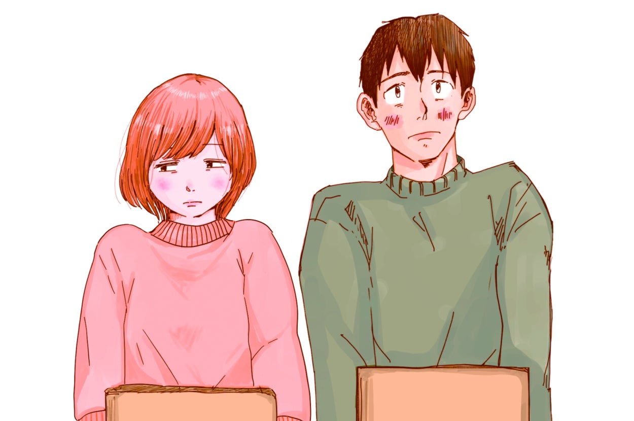 2人の人がそれぞれダンボール箱を持っているイラスト。女性はスカート、男性はパンツを着ている。表情は悩んでいるよう。