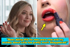Woman gestures confidently; another applies lipstick. Text: "Been doing this for two years now and my anxiety about calls has pretty much disappeared."