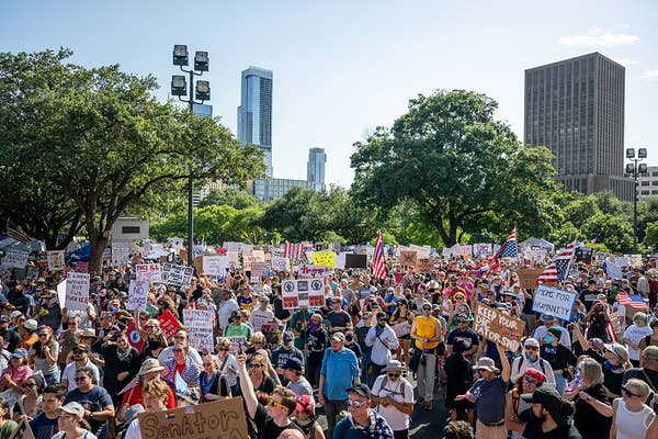 Large crowd of protesters holding various signs in an outdoor setting, with trees and tall buildings in the background