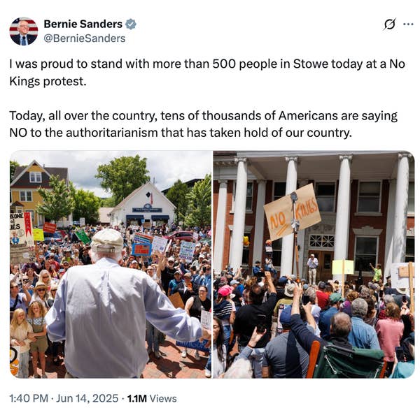 Bernie Sanders addressing a large protest crowd at a No Kings event, opposing authoritarianism, with signs visible