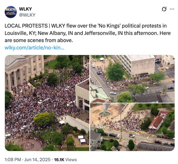 Aerial views of large crowds gathered for &quot;No Kings&quot; protests in Louisville, KY; New Albany, IN; and Jeffersonville, IN, as reported by WLKY