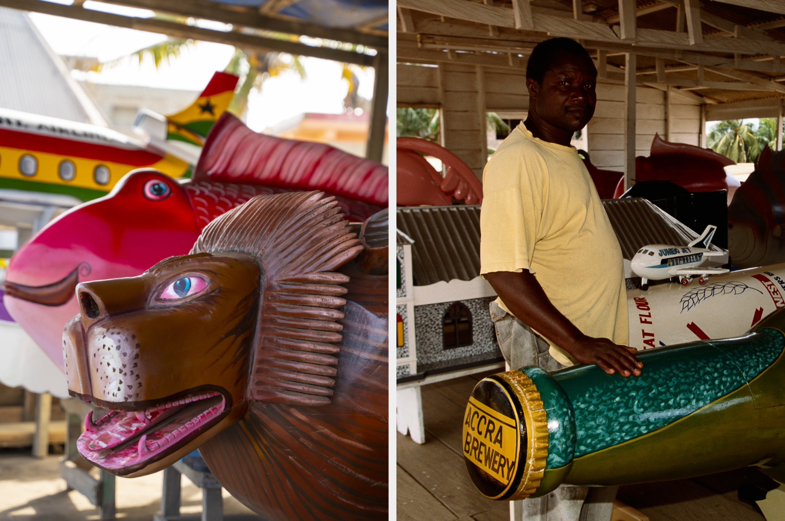 Man standing next to colorful, elaborate coffins shaped like a lion and a fish. The scene is set in a workshop, highlighting unique craftsmanship