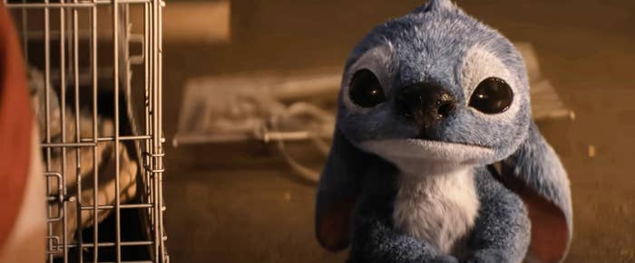 A small, blue, fluffy creature with large eyes is sitting beside a cage, looking up endearingly