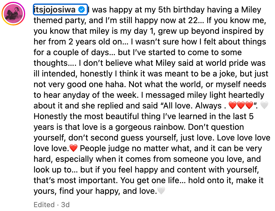 Summary of Instagram post: The user reflects on their 5th birthday with a Miley-themed party, self-love, and finds love as a beautiful rainbow
