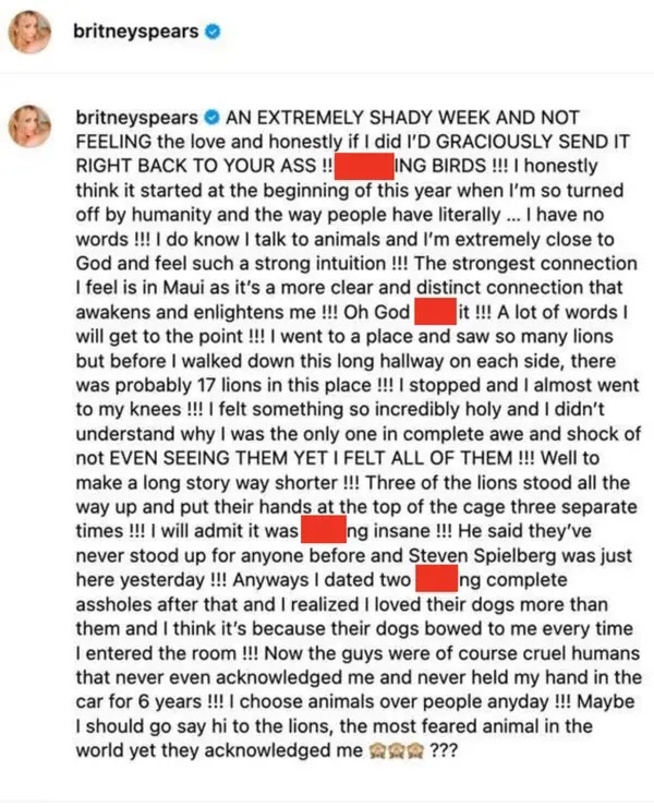 Summary of text: Britney Spears talks about a challenging week, feeling close to God, and her emotions during a visit to Maui. She mentions writing as a release