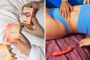 Two images: One shows hands holding a card game called "Sync Set." The other depicts a person in blue underwear with an orange object nearby