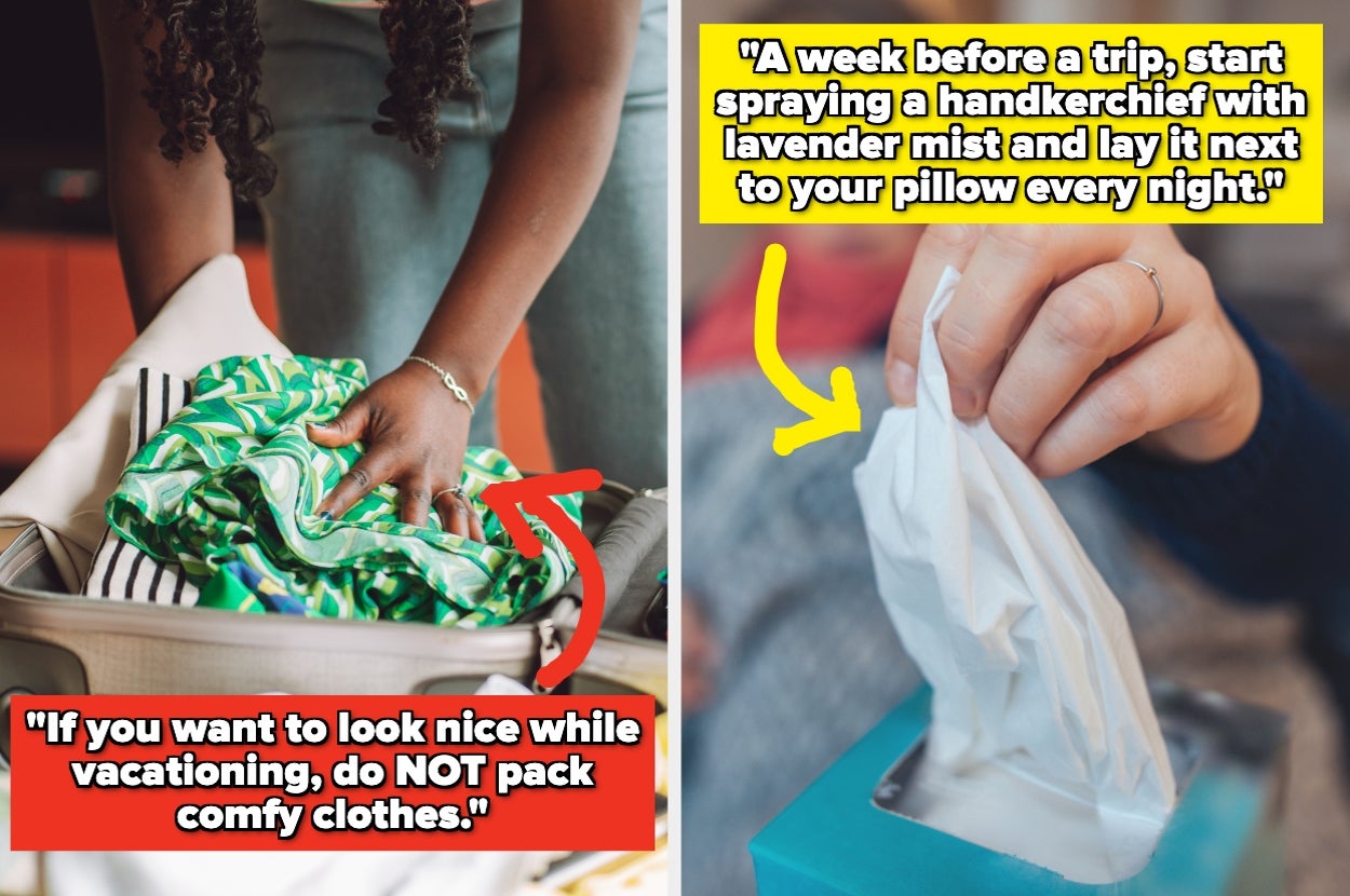 Split image: Left shows a person packing clothes with text advising against comfy vacation attire; right shows a tissue box with travel lavender mist tip