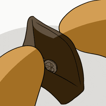 Cartoon fingers insert a coin into an open wallet with a smiling face inside