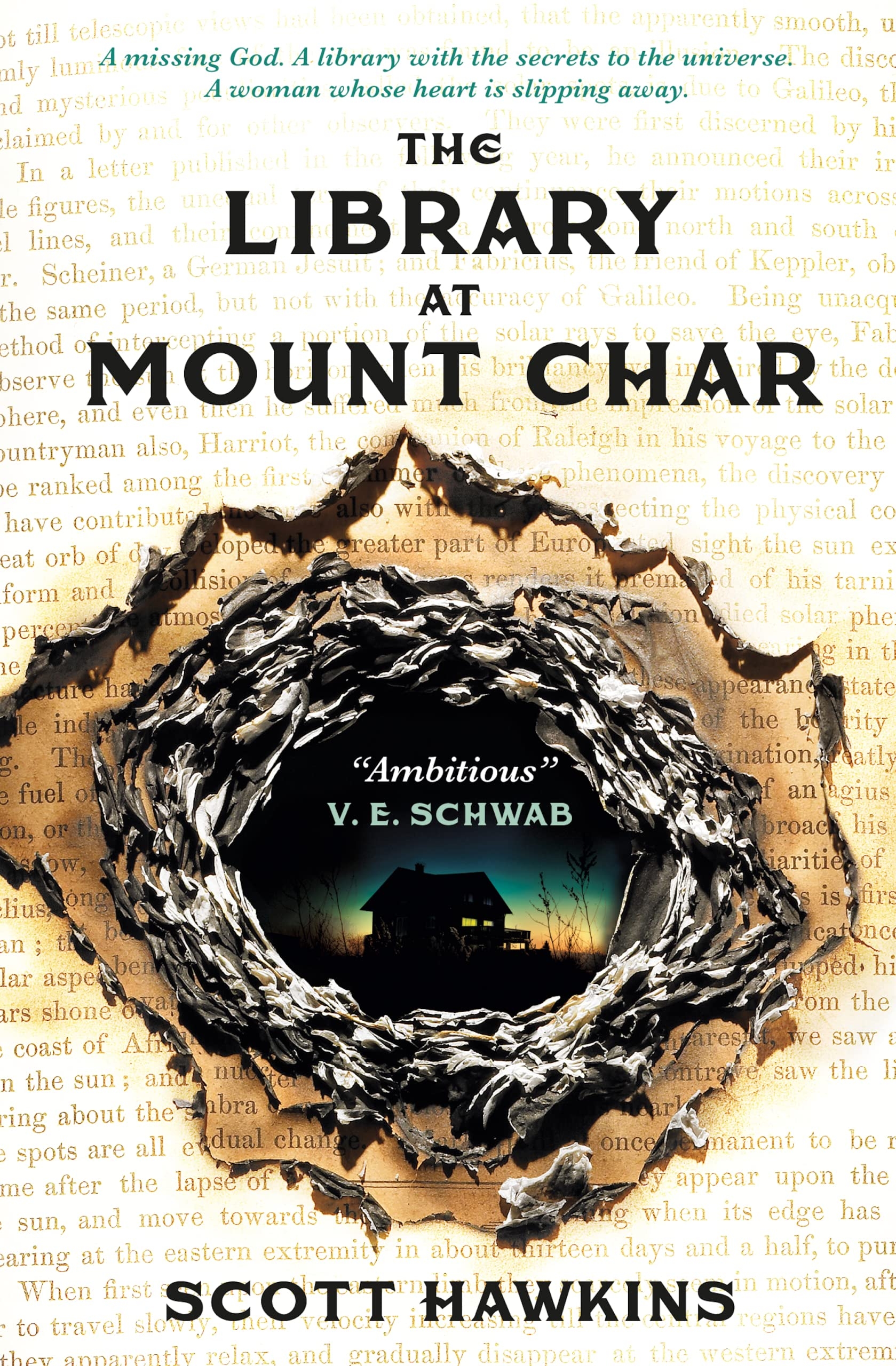 Book cover of &quot;The Library at Mount Char&quot; by Scott Hawkins, featuring a house silhouette with text: &quot;Ambitious&quot; - V.E. Schwab