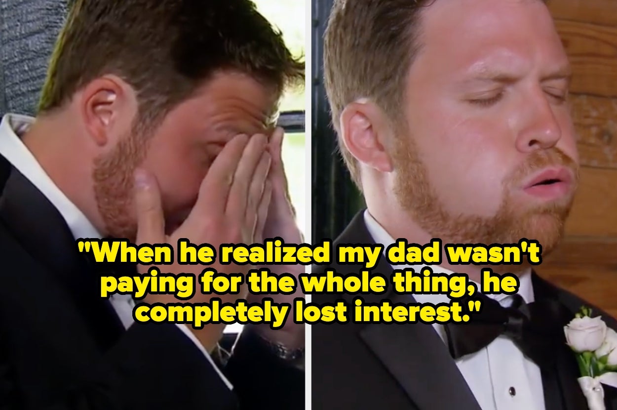 Two images of a groom appearing distressed, with text overlaid: "When he realized my dad wasn't paying for the whole thing, he completely lost interest"