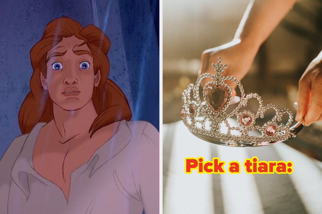 A worried animated character looks left; hands hold a tiara on the right with text: "Pick a tiara."