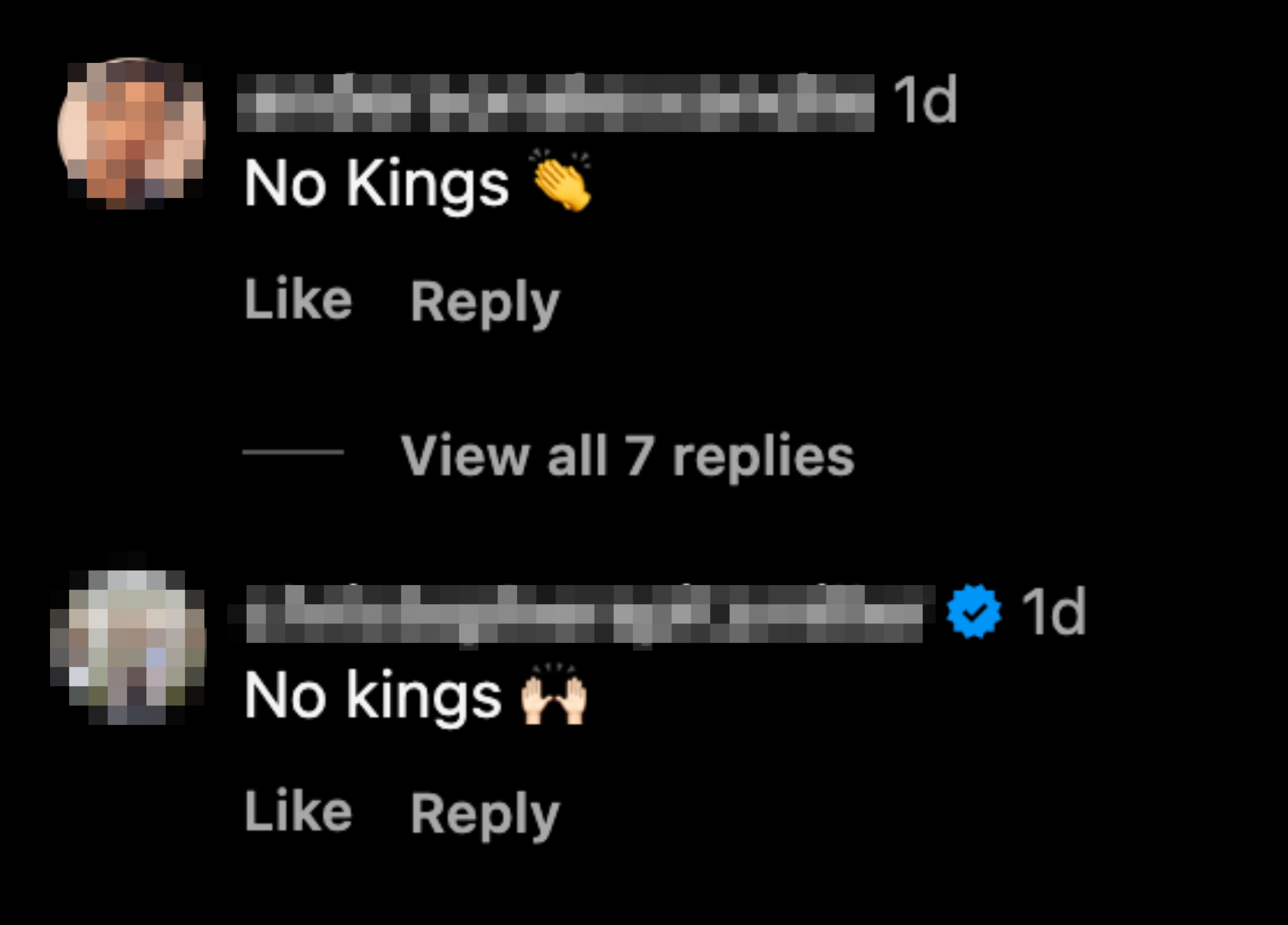 Comments on Instagram say &quot;No Kings&quot; with a clapping emoji and raised hands emoji