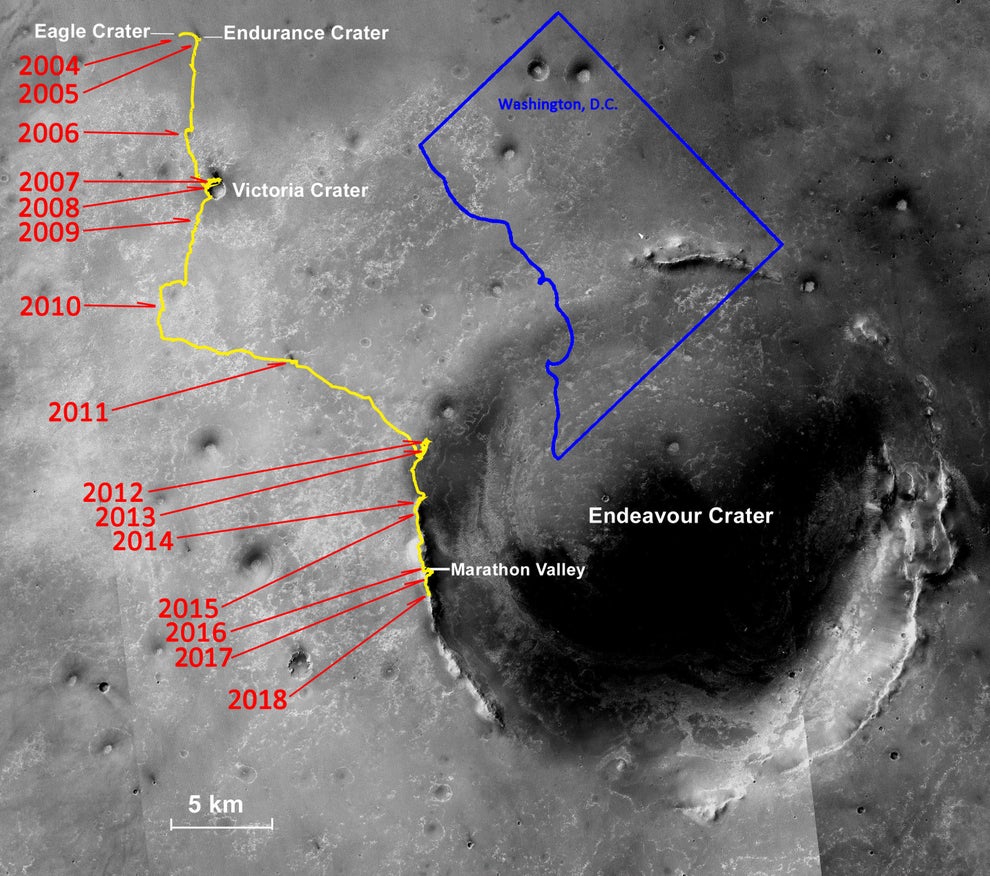Map of Mars surface showing Opportunity rover's path from 2004-2018, labeled by year. Craters: Eagle, Endurance, Victoria, Endeavour, Marathon Valley