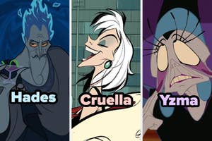 Tres personajes animados: Hades, Cruella de Vil y Yzma, cada uno con su distintiva expresión facial y atuendo característico