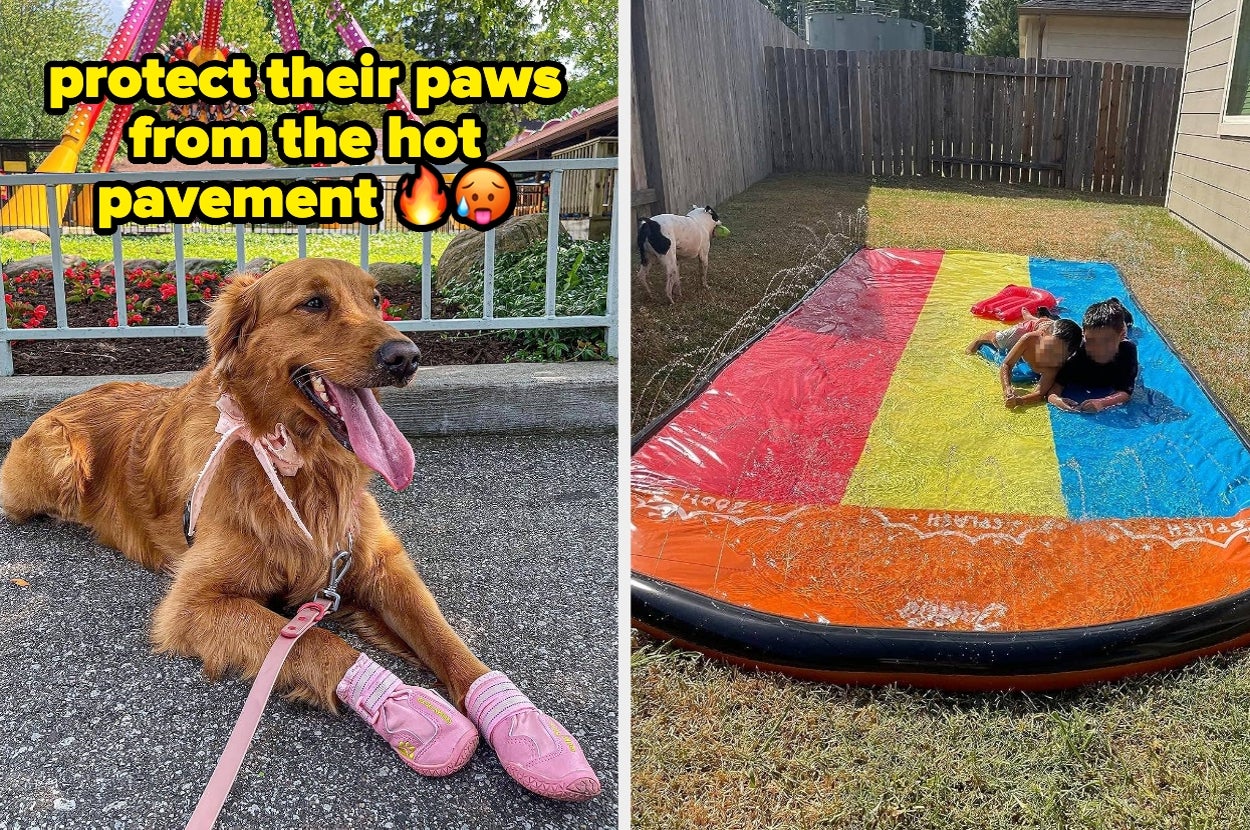 Left: A dog wears pink boots on pavement. Right: A child enjoys a slip n' slide in a backyard, promoting a paw-protection summer activity