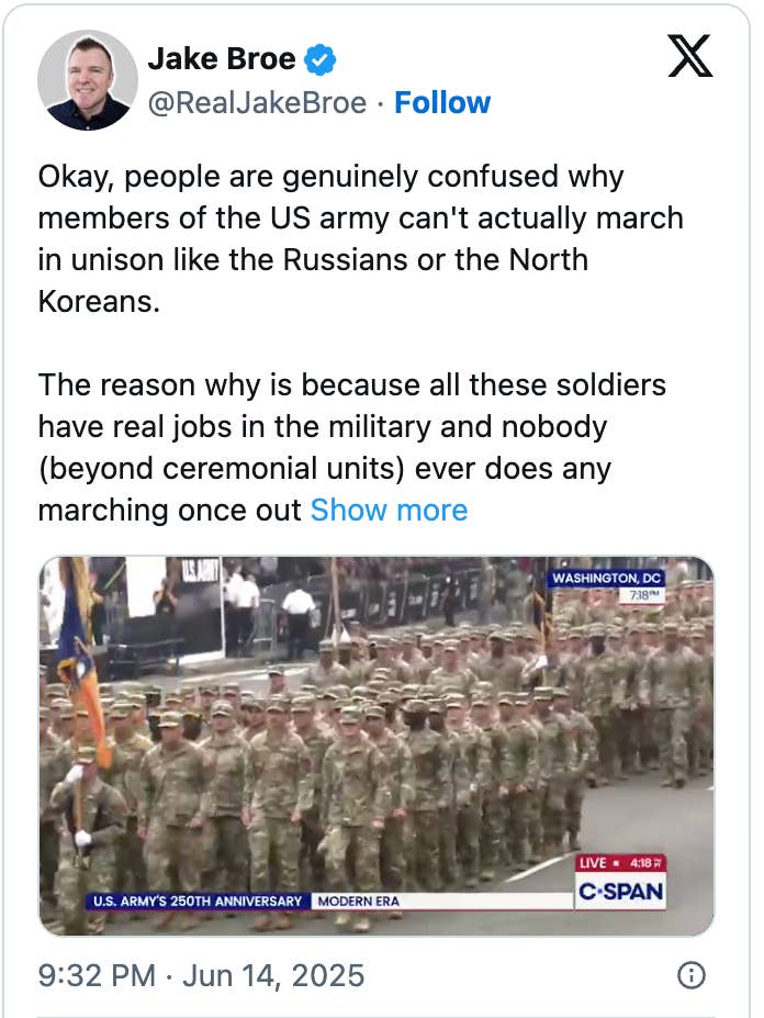 Tweet by Jake Broe discussing why US army soldiers don&#x27;t march in unison like North Korean or Russian soldiers, with an image of a military parade