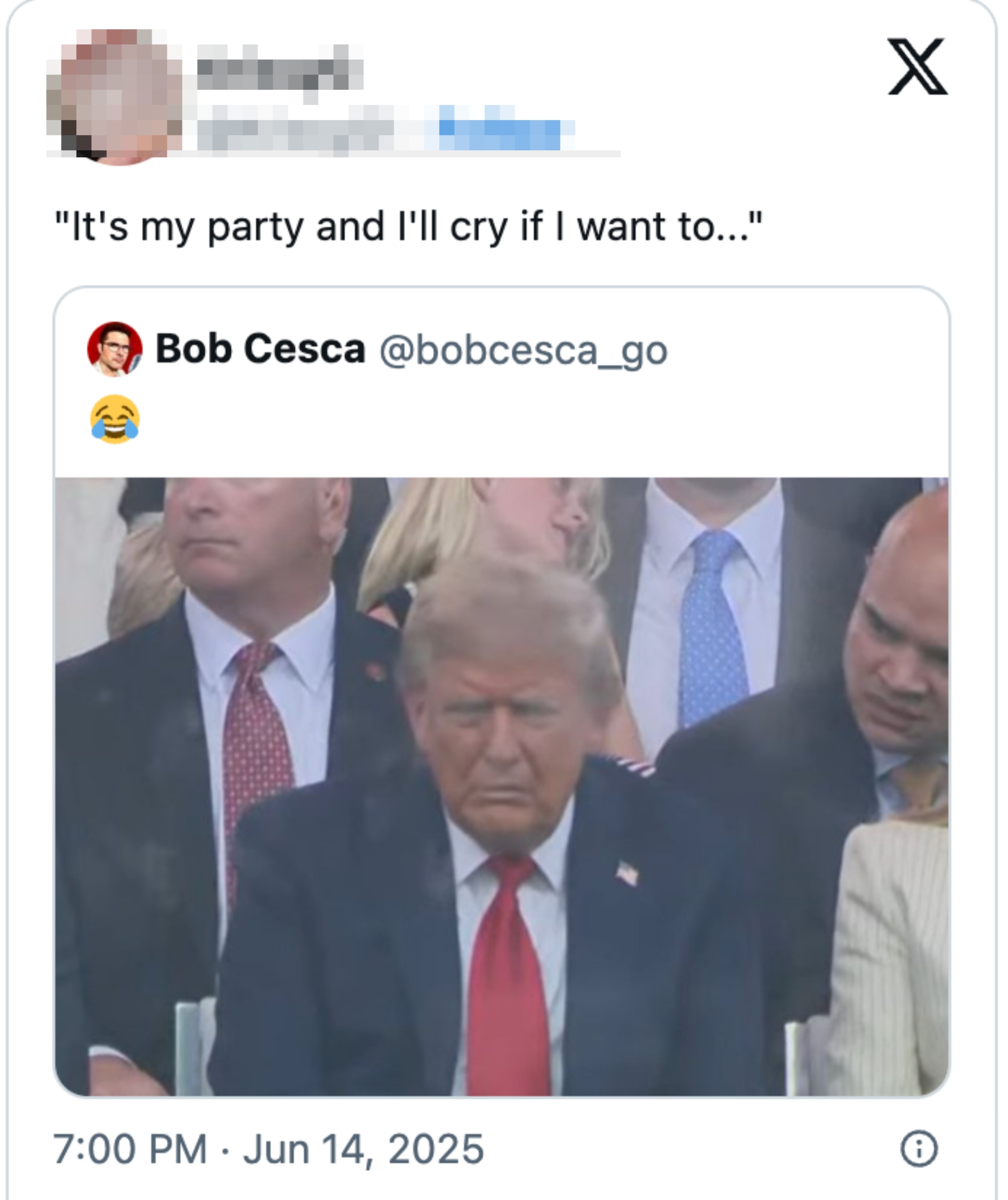 Image of a tweet showing a man in a suit with a serious expression, surrounded by people; tweet caption humorously references a song lyric