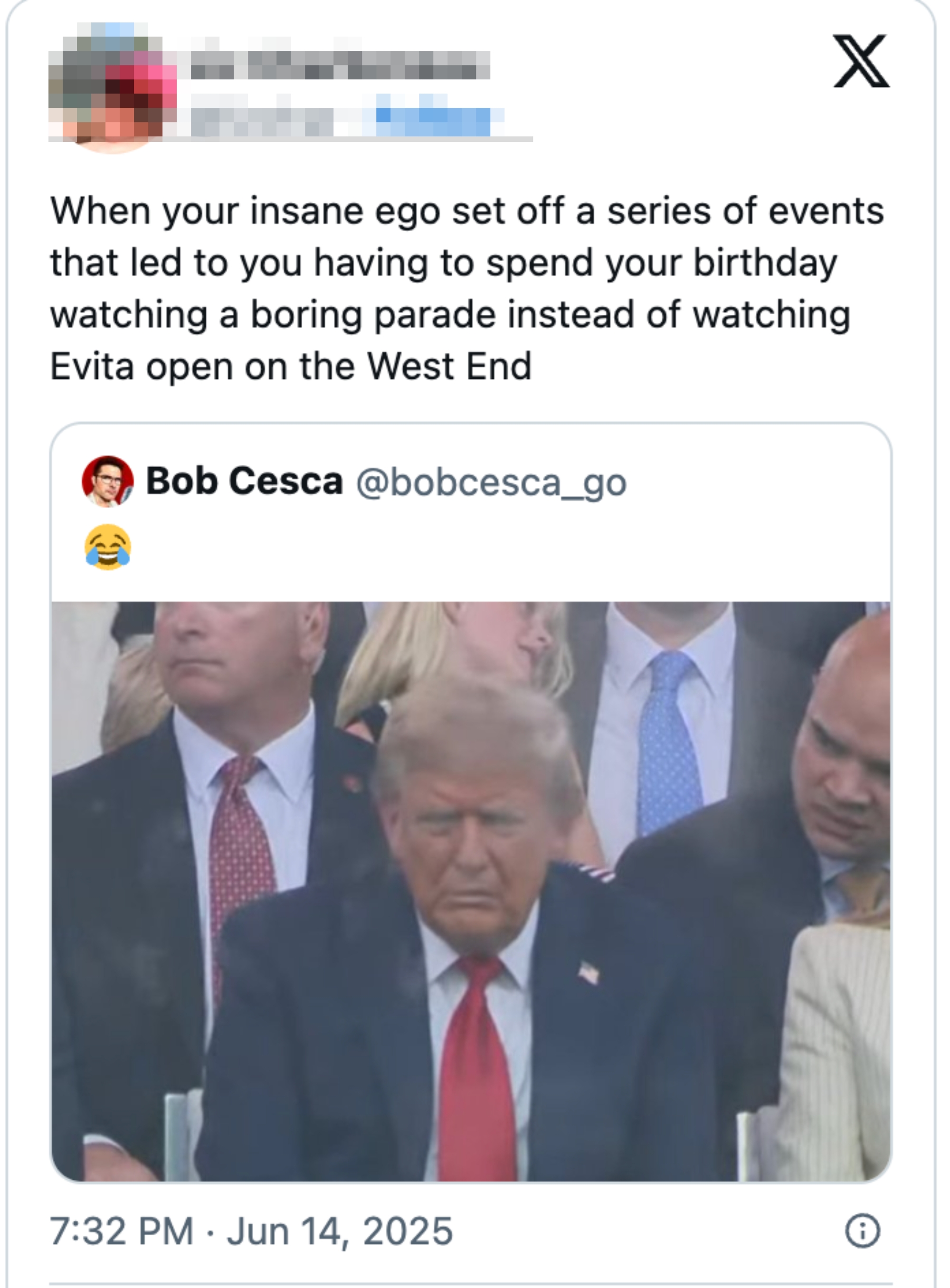 Tweet mocking a former president appearing somber during a parade, with a reference to &quot;Evita&quot; and an emoji