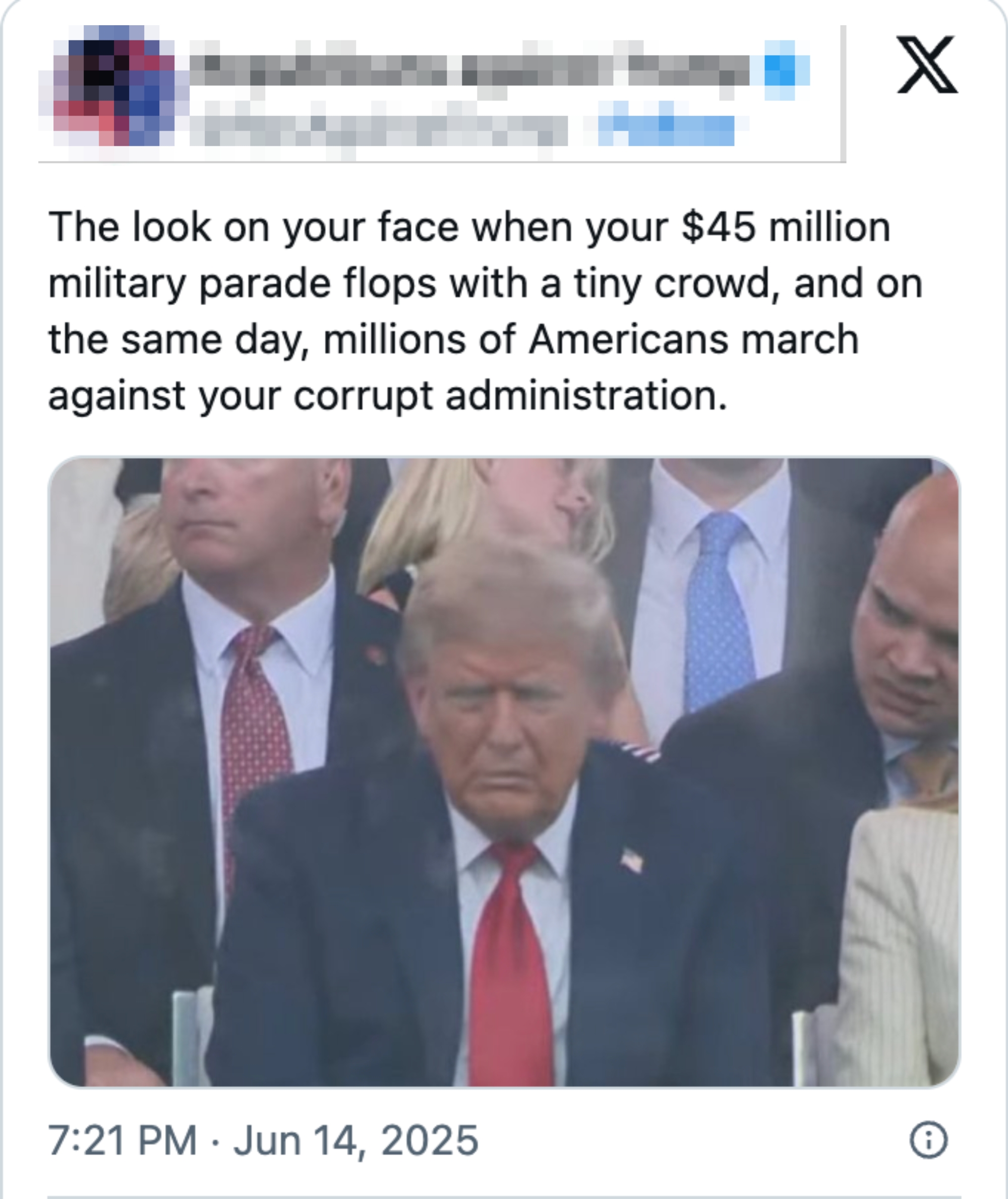 A man in a suit sits with a stern expression. Overlay text criticizes a $45 million parade flop and mentions millions marching against the administration