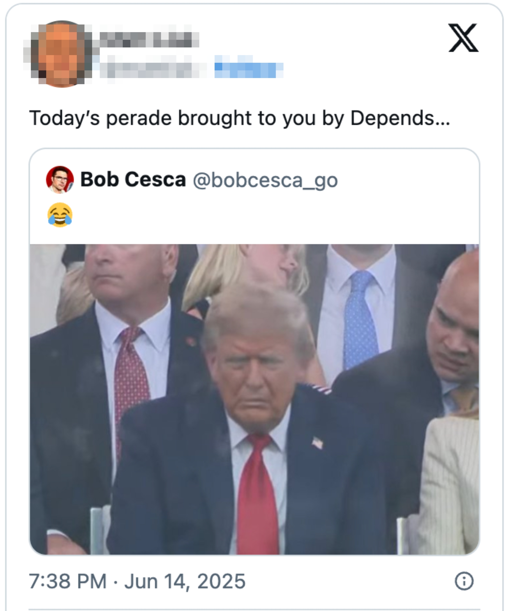 A man in a suit is seated among others at a public event. Surrounding social media comments imply humor