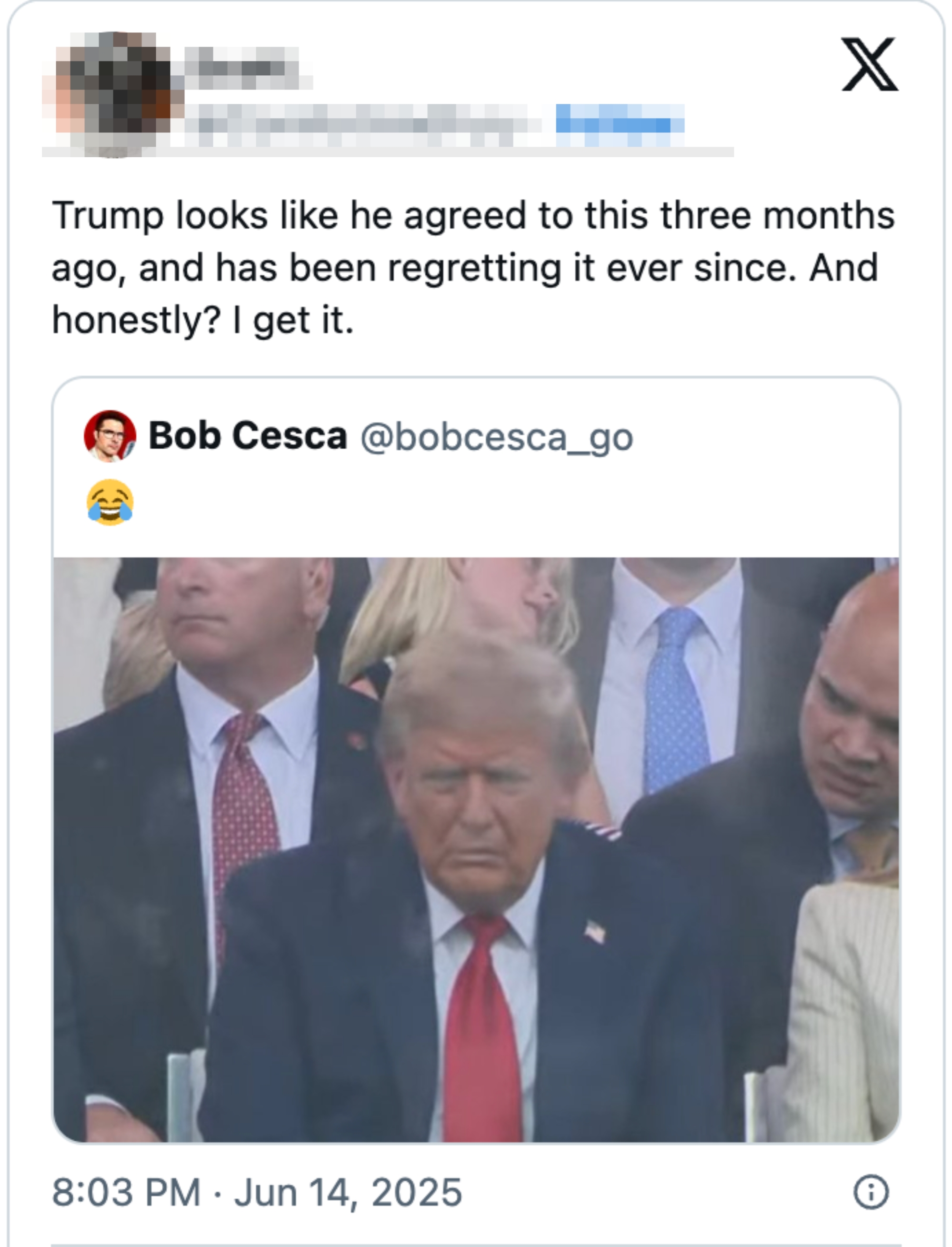 Tweet showing two men in suits, one with a red tie. The overlaid text discusses regret over a decision made three months ago