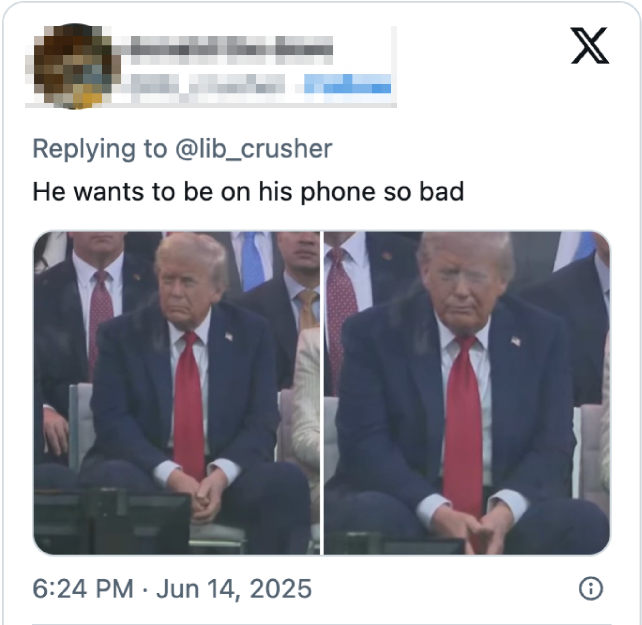 Two images of a seated man in a suit with a red tie, looking down intently with hands folded, during an event or meeting. Social media post caption: &quot;He wants to be on his phone so bad.&quot;