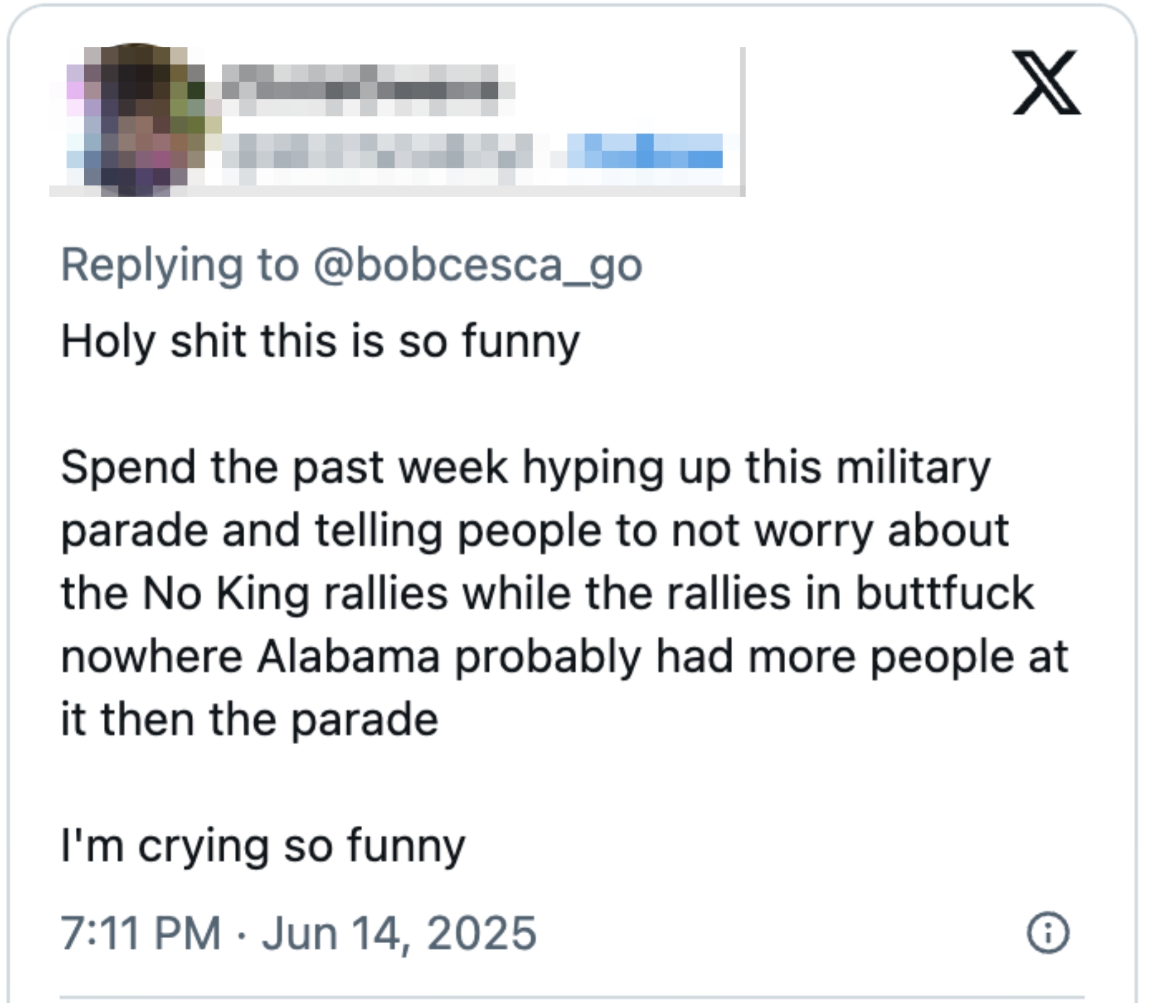 Tweet by user commenting on hyped military parade versus &quot;No King&quot; rallies in Alabama. User finds the situation very funny