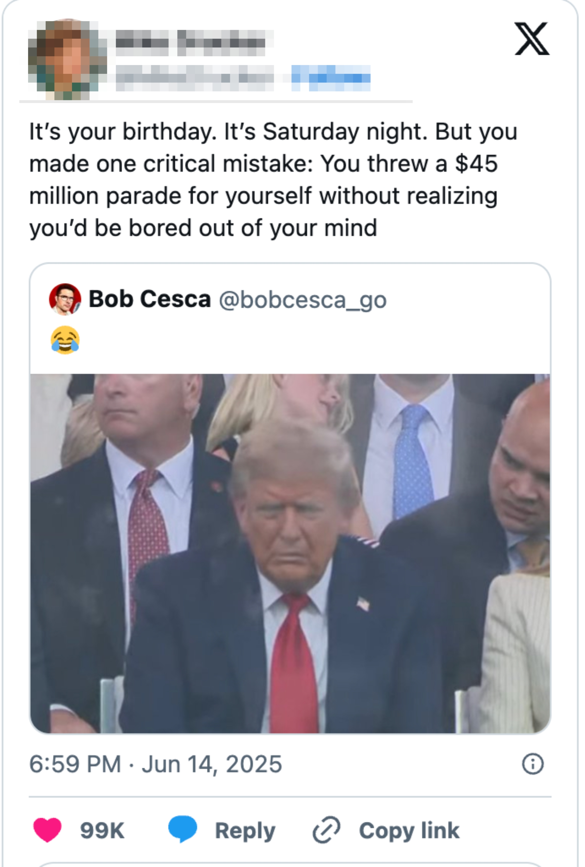 A tweet includes a sarcastic remark about a $45 million parade, highlighting irony and humor. The image below shows someone with an unimpressed expression