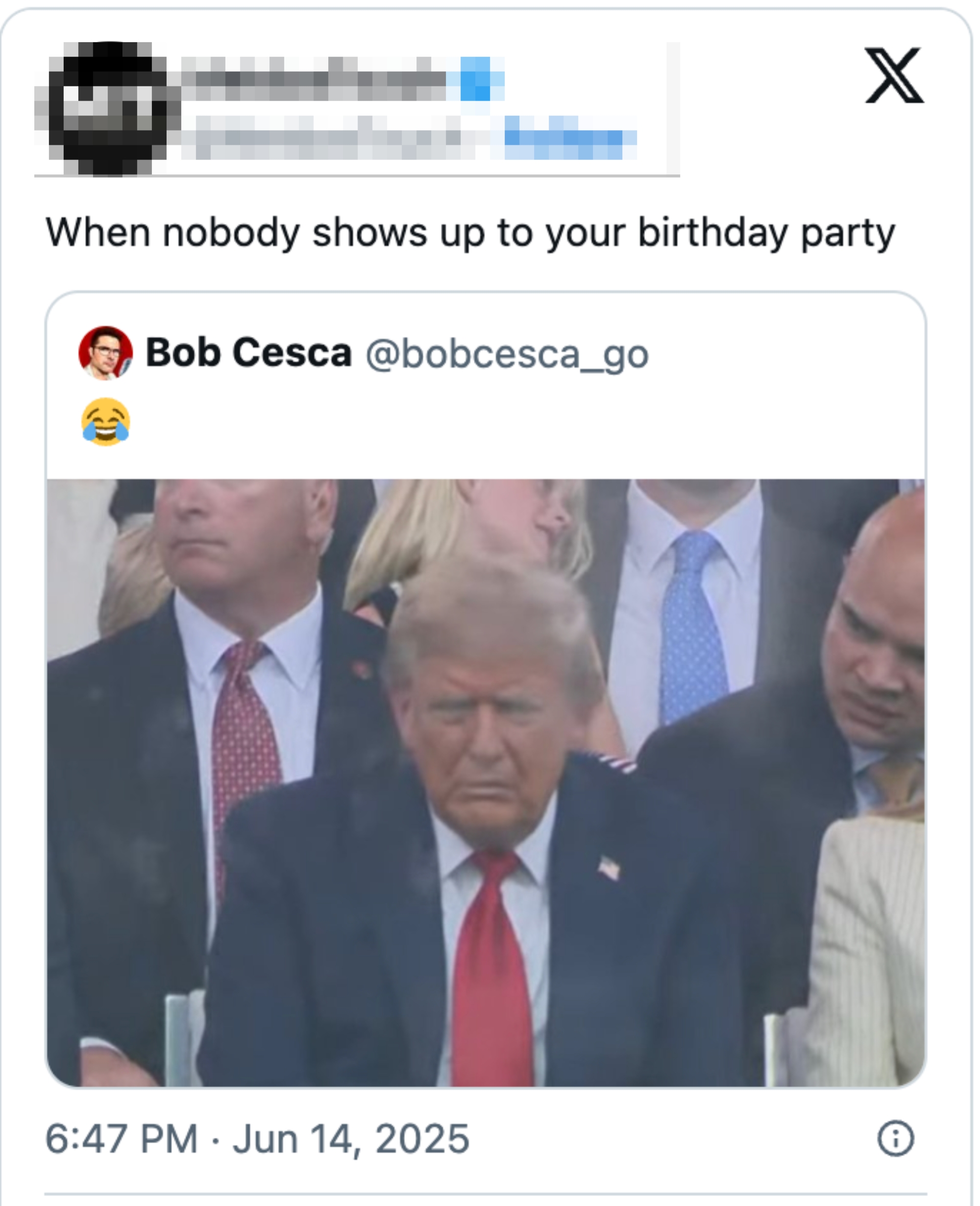 Social media post humorously comments on low attendance at a birthday party, featuring a serious-looking person in a suit