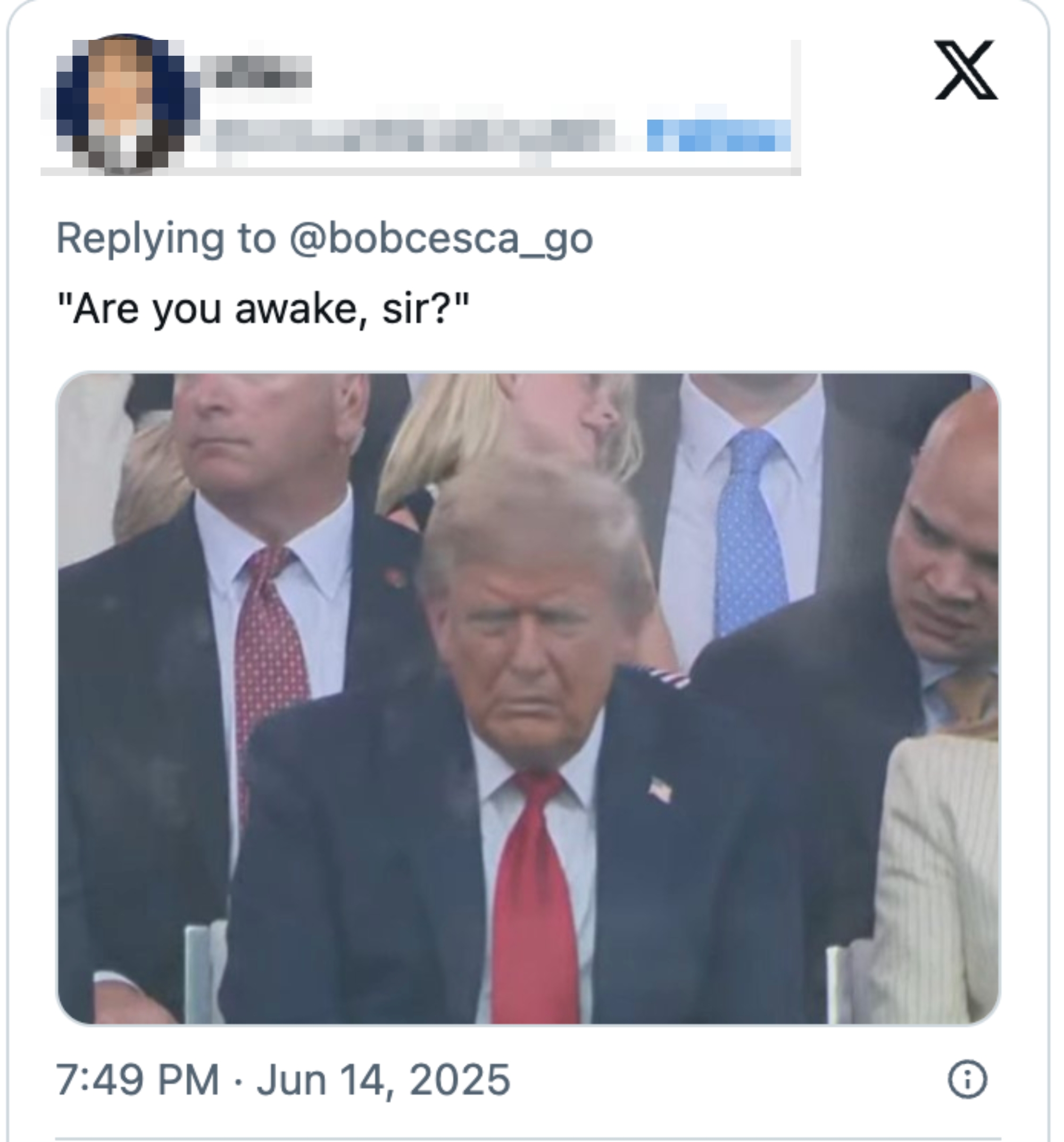 A tweet shows a man in a suit appearing asleep during an event. The text above reads, &quot;Are you awake, sir?&quot;