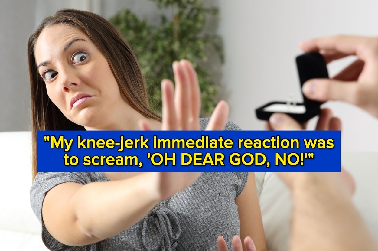 A surprised woman raises her hand to reject an unexpected marriage proposal, hand holding a ring box in foreground. Text expresses shock at the proposal