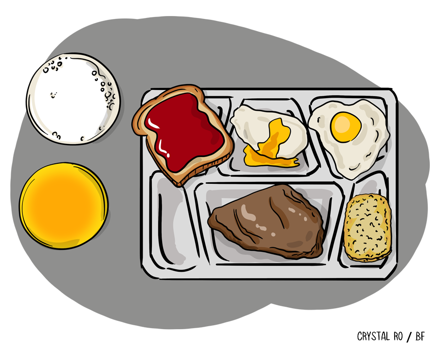 Cafeteria tray with a drink, orange juice, toast with jam, two fried eggs, a meat dish, and a hash brown