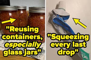 Two images: Left shows three glass jars with the text "Reusing containers, especially glass jars." Right shows a squeezed toothpaste tube with the text "Squeezing every last drop."