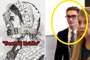 Illustration of a scold's bridle and a photo showing two people in formal attire at an indoor event