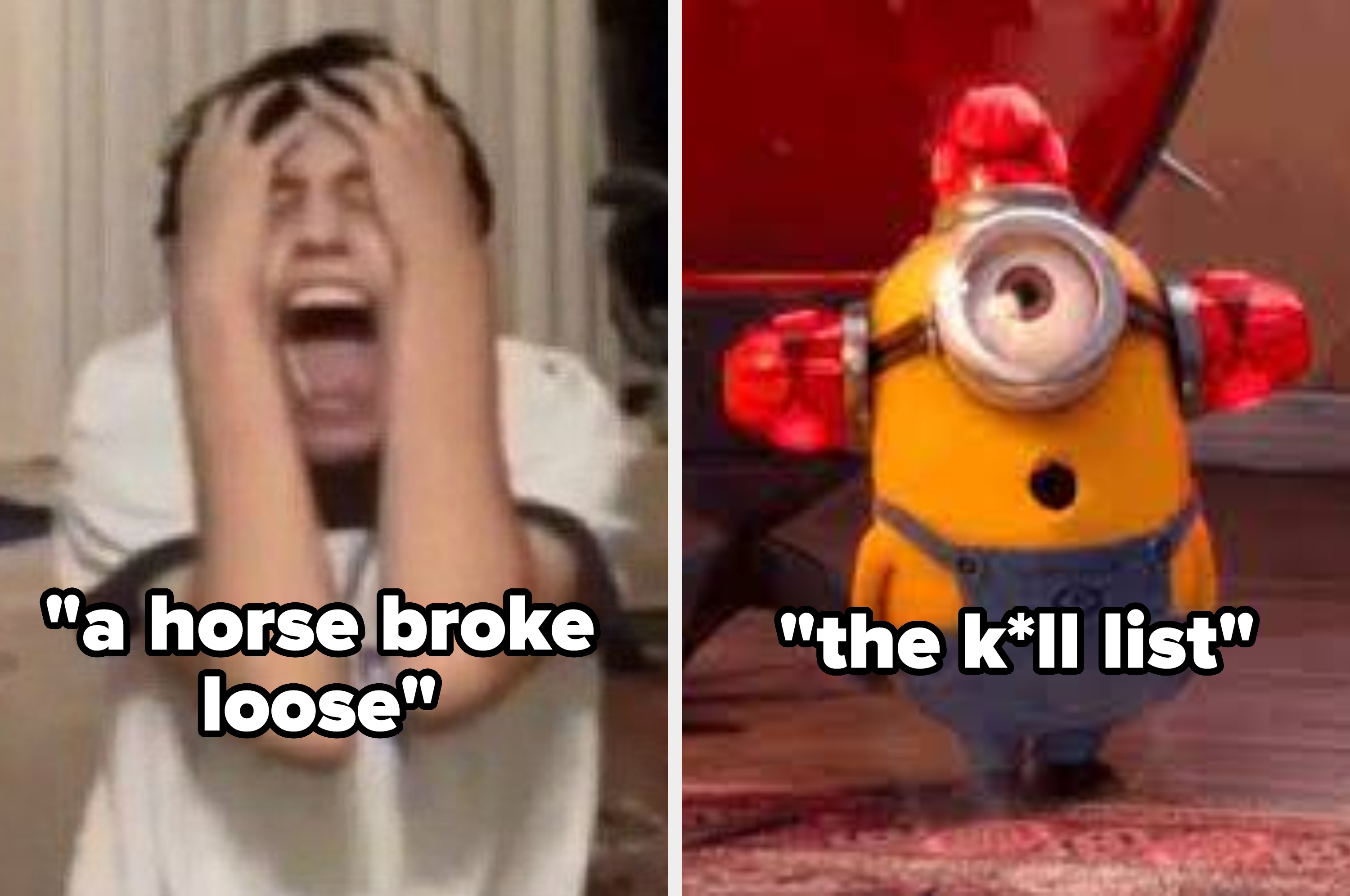 A person with hands on head screams in shock while a cartoon character in overalls walks away confidently