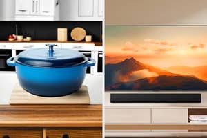 Dutch oven on a kitchen counter and a TV with a mountain landscape displayed in a living room setting