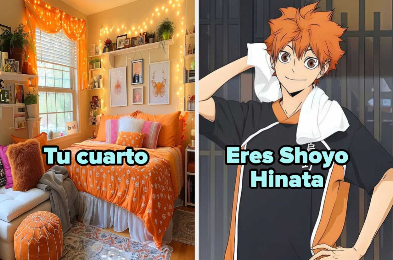 Habitación decorada con luces y cojines junto a imagen de Shoyo Hinata, personaje de anime, sonriendo con toalla en el cuello. Texto: "Tu cuarto, Eres Shoyo Hinata"