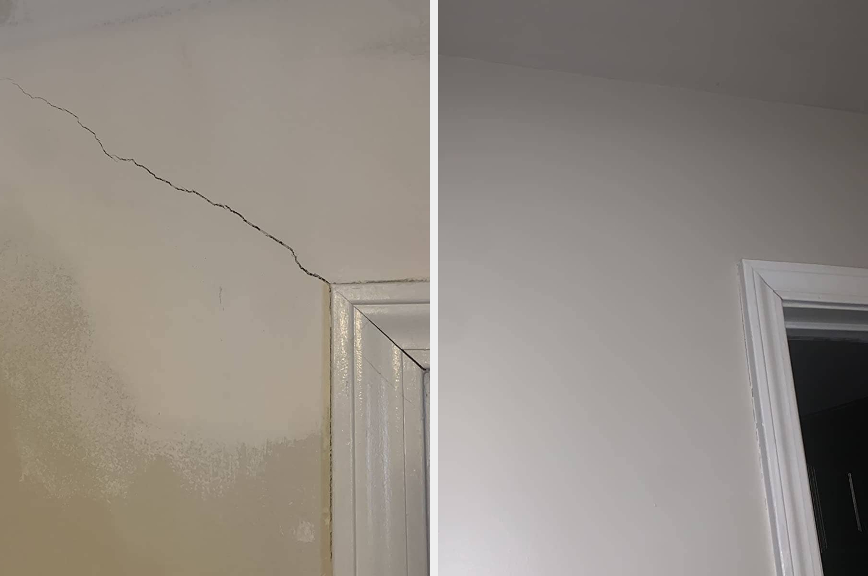 Before and after fixing a wall crack above a door; left shows a visible crack, right shows a smooth, repaired surface