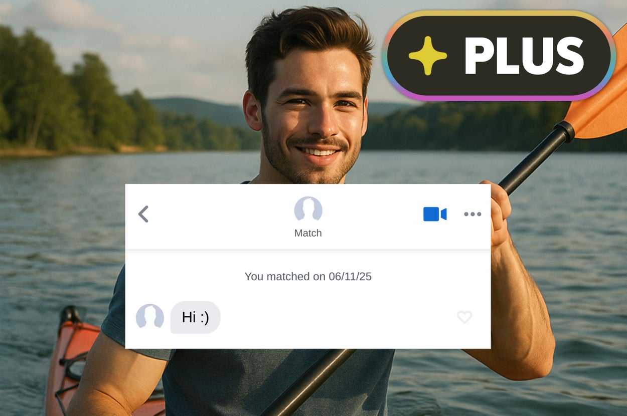 Person kayaking on a lake, smiling at camera. Overlay shows a dating app interface, with a match and message saying, "Hi :)"