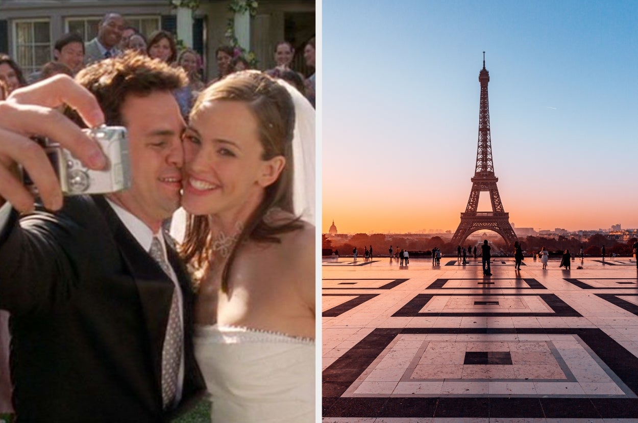 Left: Newlywed couple taking a selfie, surrounded by smiling guests. Right: Eiffel Tower at sunrise, viewed from a geometric-patterned plaza