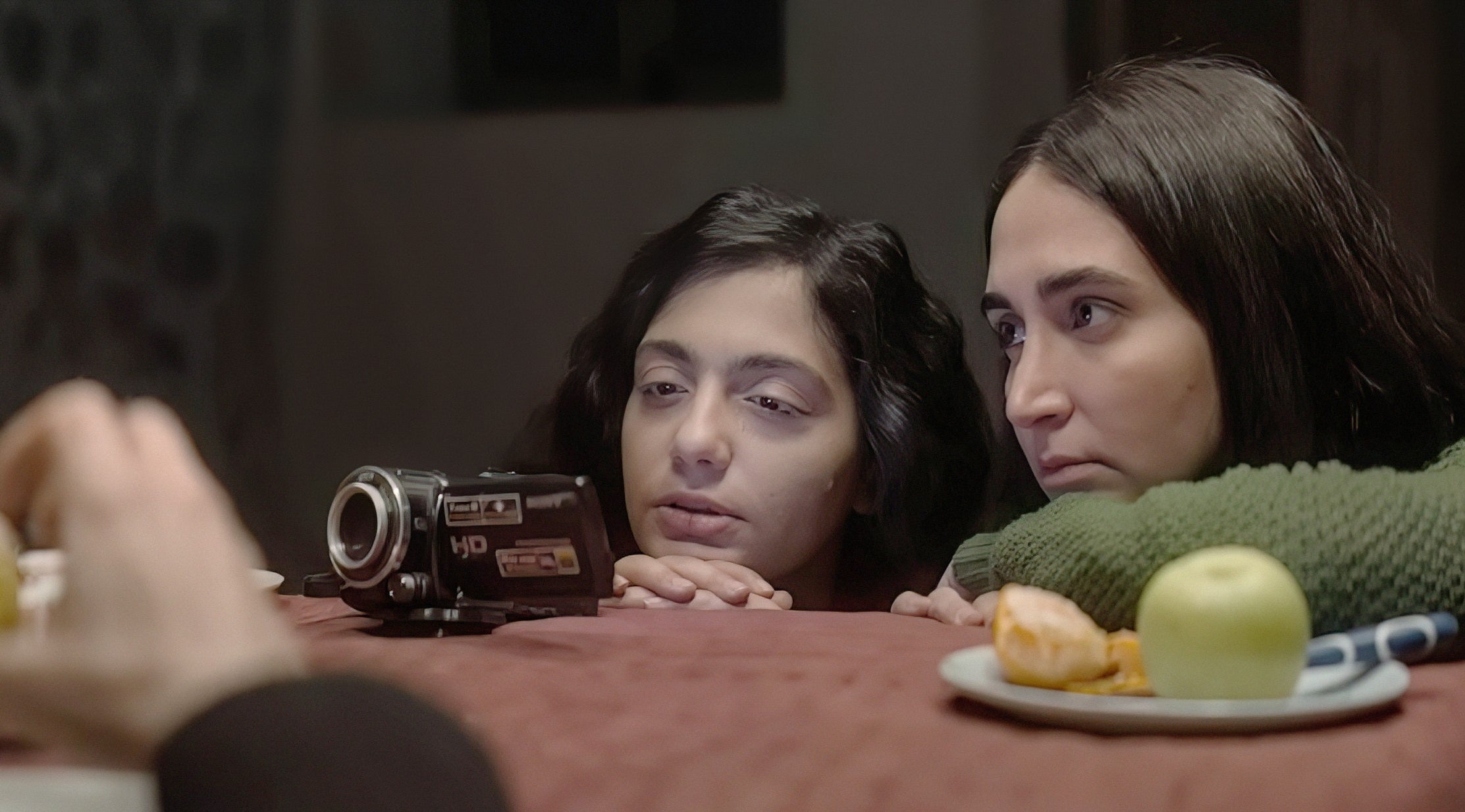 Two radical   thin  implicit    a array  watching a camcorder intently. A sheet  with apples and a pastry is successful  the foreground