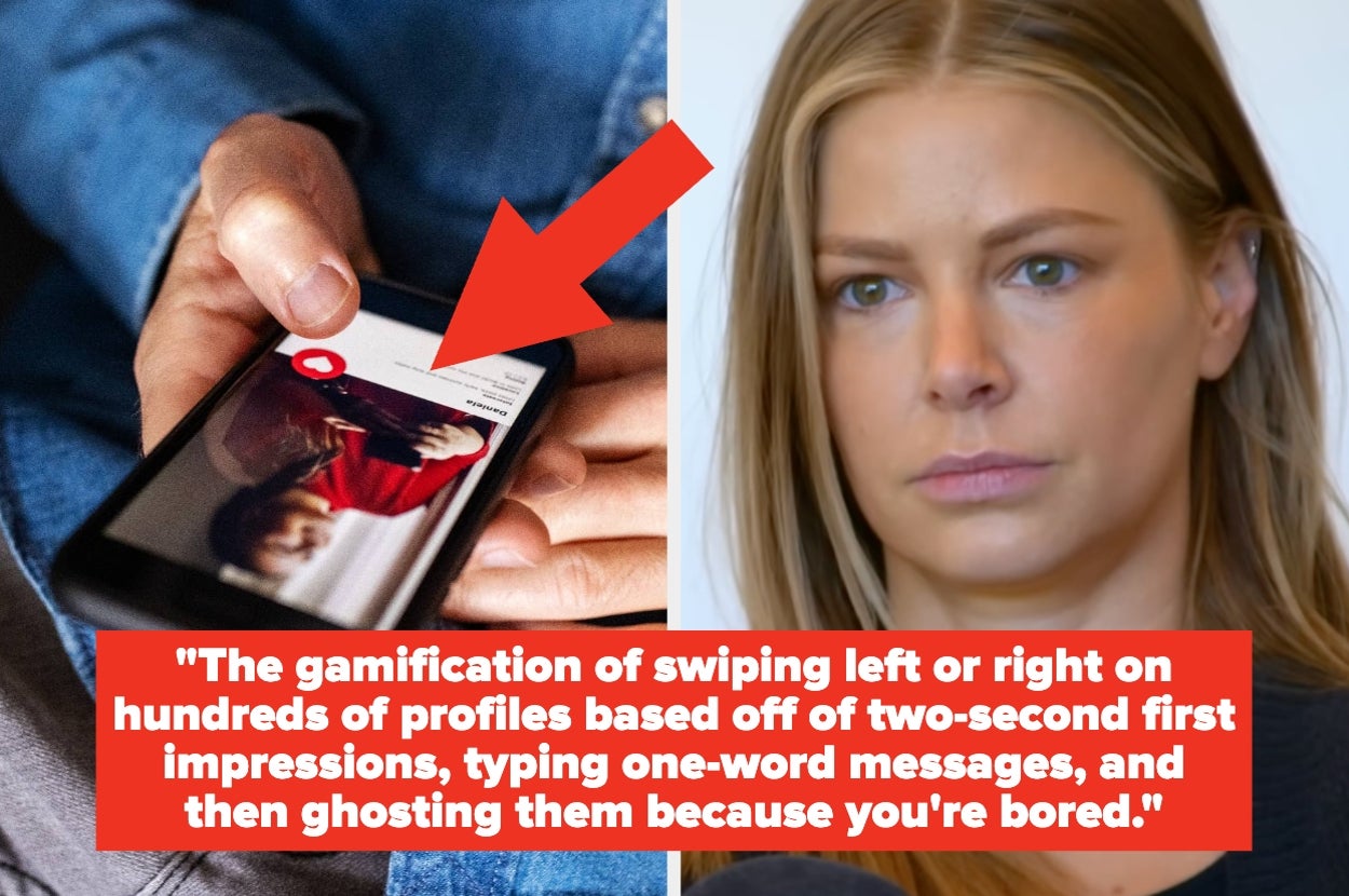 A person swipes on a dating app. Text reads: "The gamification of swiping...bored." A woman looks contemplative beside the image