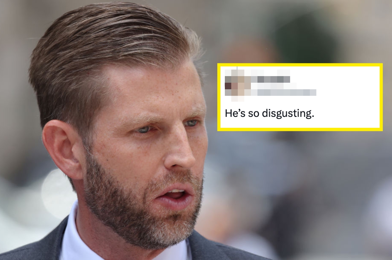 Eric Trump is shown beside a blurred social media comment saying, "He's so disgusting."