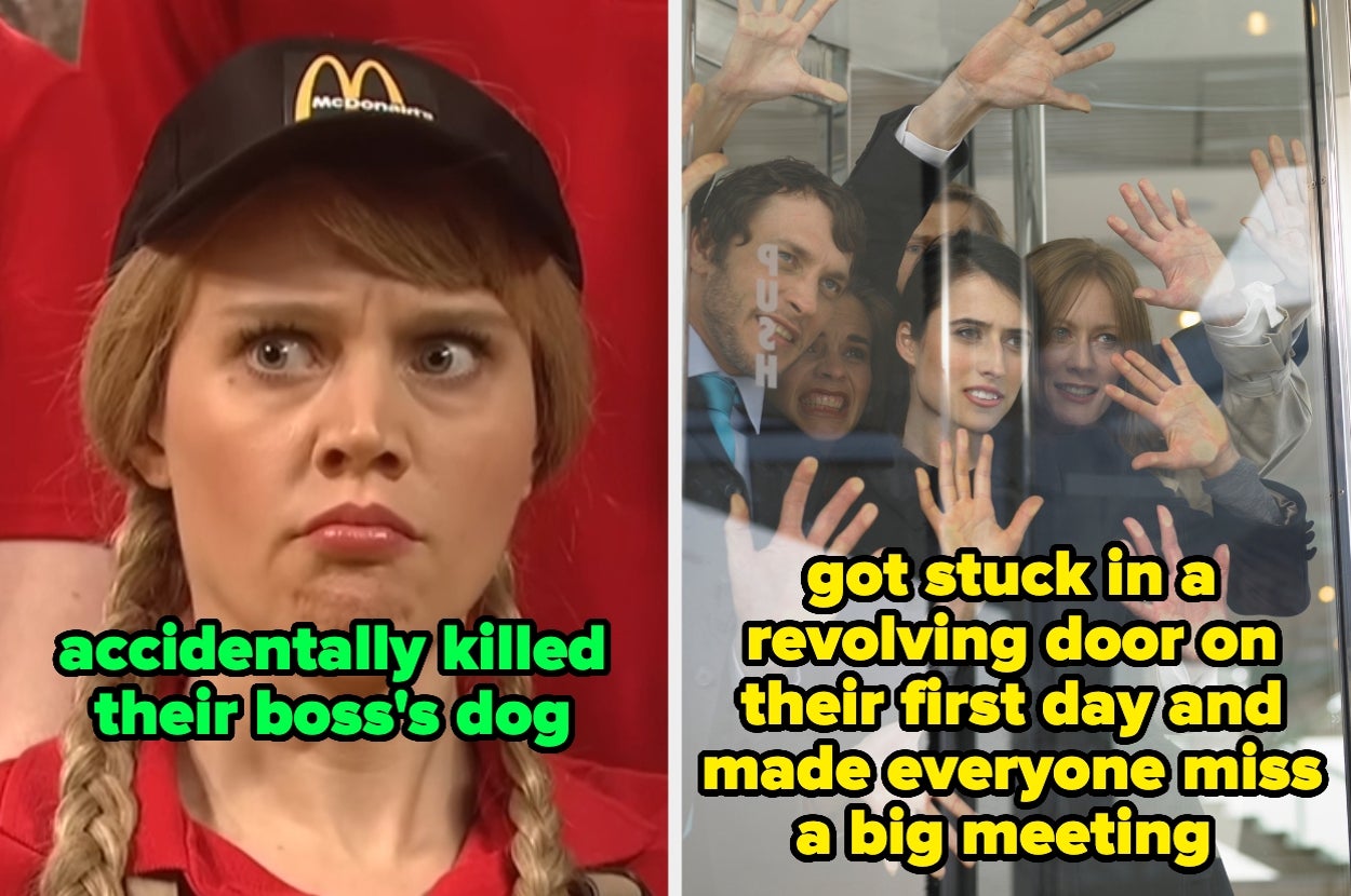 Two humorous images: Left, a person in a McDonald's cap looks shocked. Right, four people are trapped in a revolving door, missing a big meeting