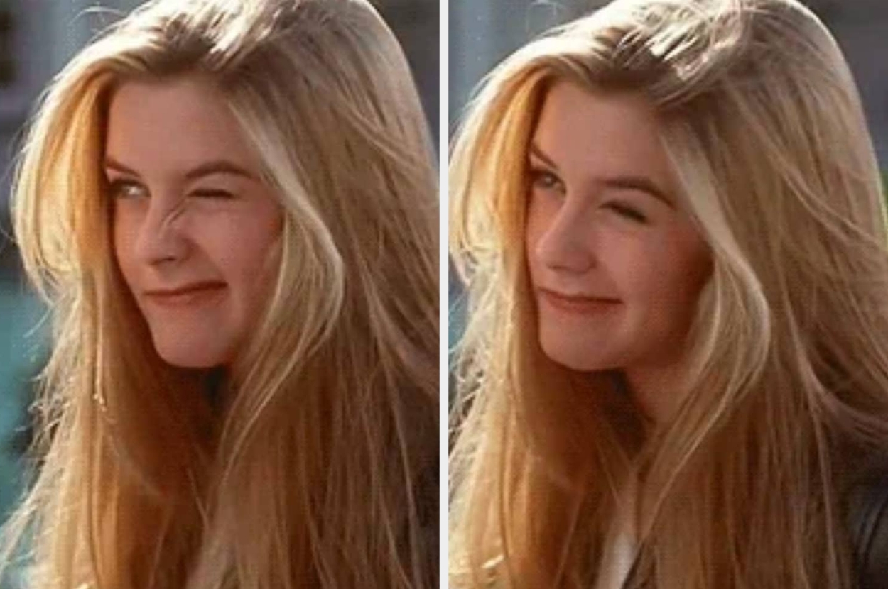 Person with long hair winks, smiling gently, in two similar side-by-side close-up photos
