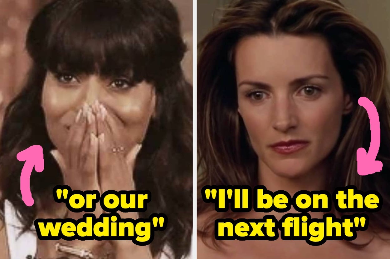 Split image of two women: Left, a woman covering her mouth with text "or our wedding"; Right, a woman with text "I'll be on the next flight"