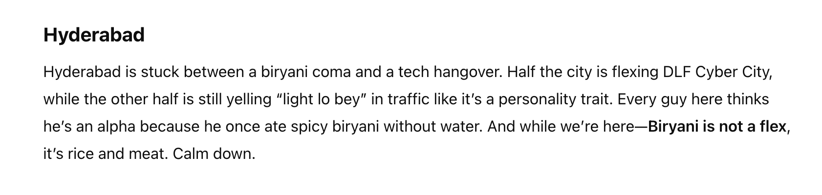 Humorous text describing Hyderabad&#x27;s culture clash between tech influence and traditional habits, with a playful mention of biryani not being a status symbol