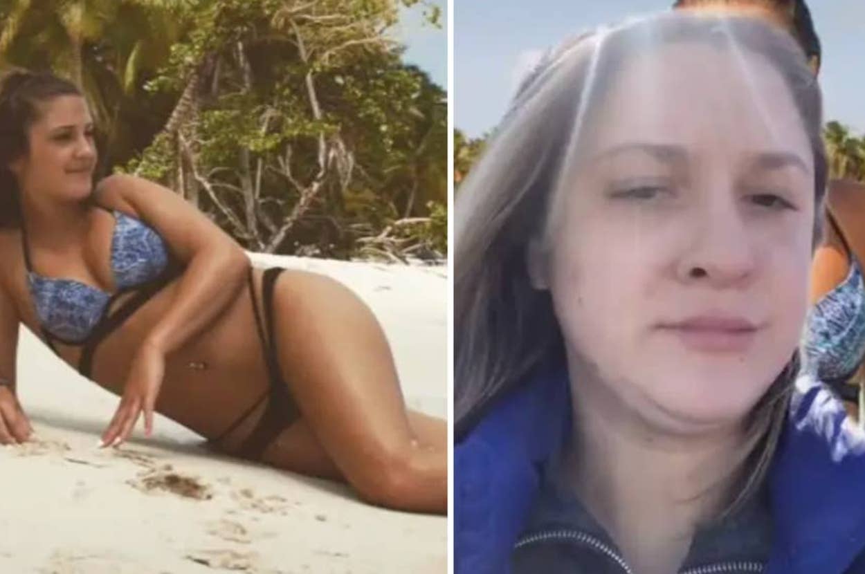 Two photos of a woman at the beach. In one, she reclines on the sand in a bikini. In the other, she is wearing a jacket and looking ahead