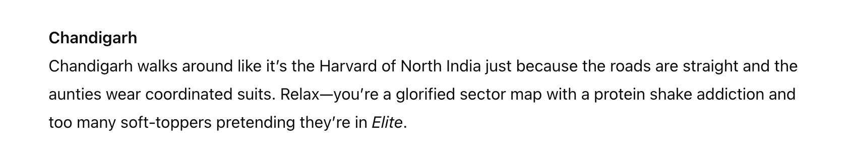 Text about Chandigarh&#x27;s upscale image, comparing it to Harvard of North India, with straight roads and coordinated suits. Critiques its pretentiousness