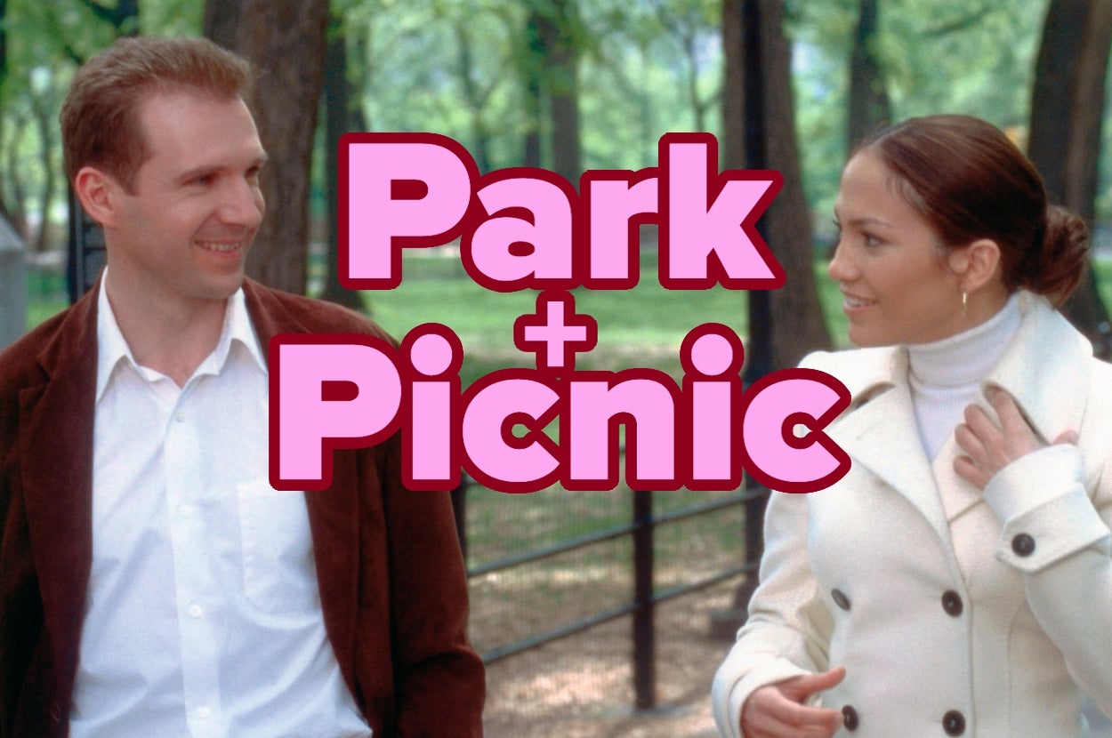 Ralph Fiennes in a brown jacket and Jennifer Lopez in a white coat smile at each other while walking in a park in "Maid in Manhattan." Bold text reads "Park + Picnic."